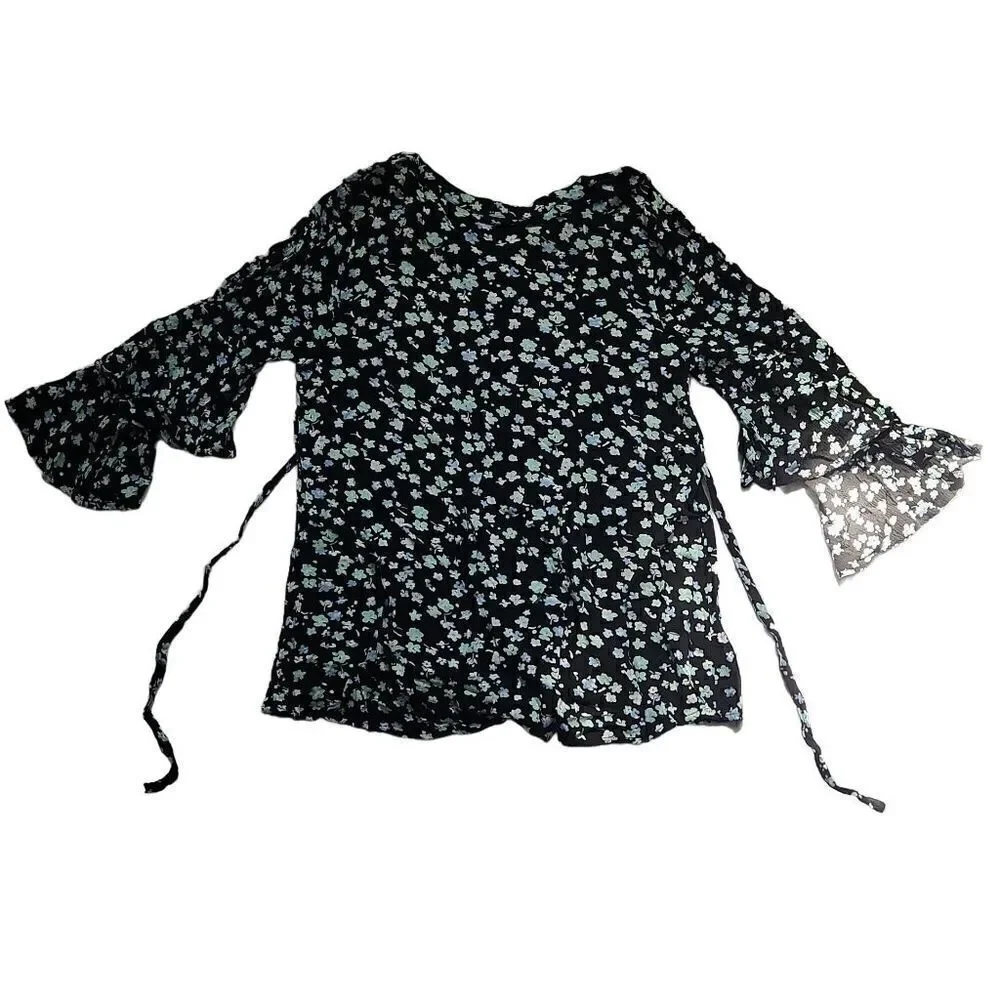 Justice Girls Size 18 Black Blue Floral Ruffle Sleeve Blouse